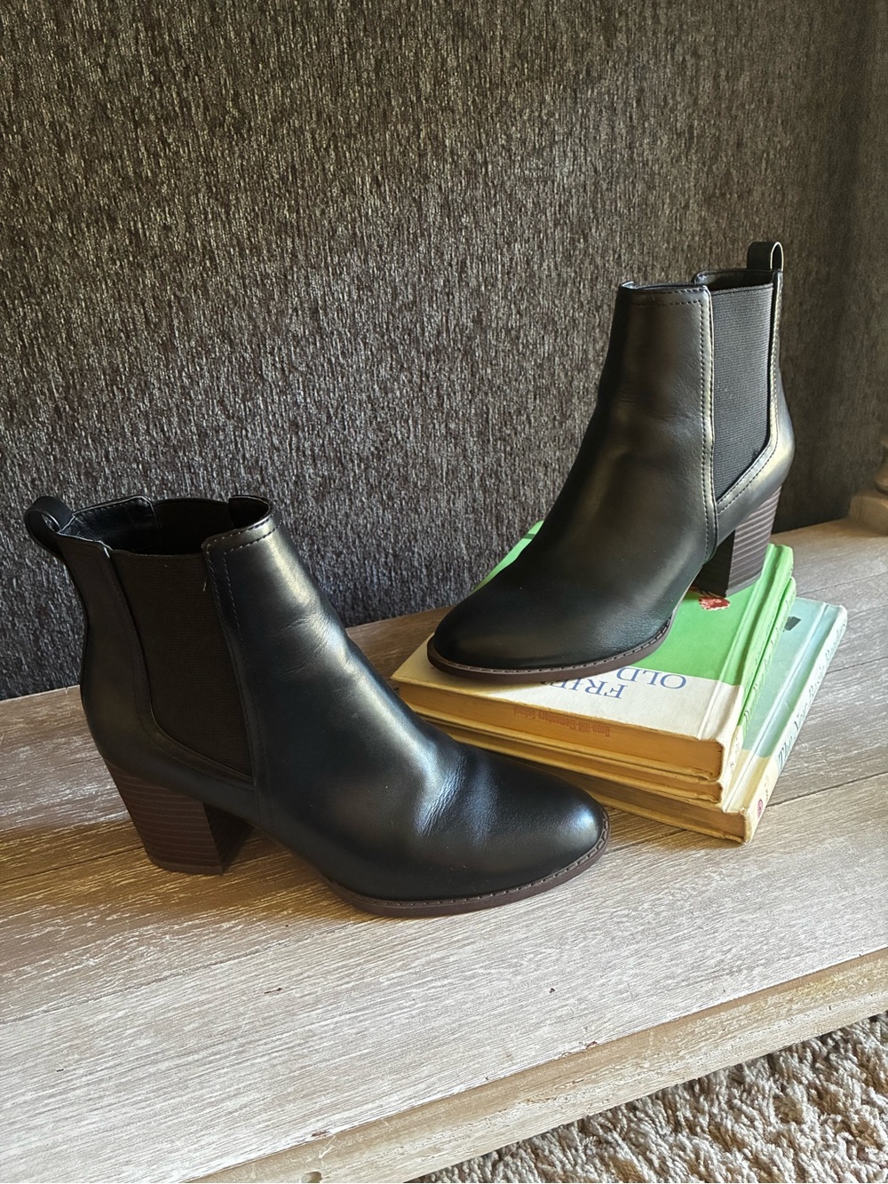 LOFT Black Leather Chelsea Ankle Boots with Stacked Heel